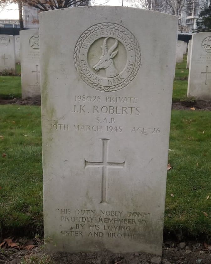 World War2: Grave Stone: No SAP198028 Constable JK Roberts (SAP Brigade): Cracow, Poland.